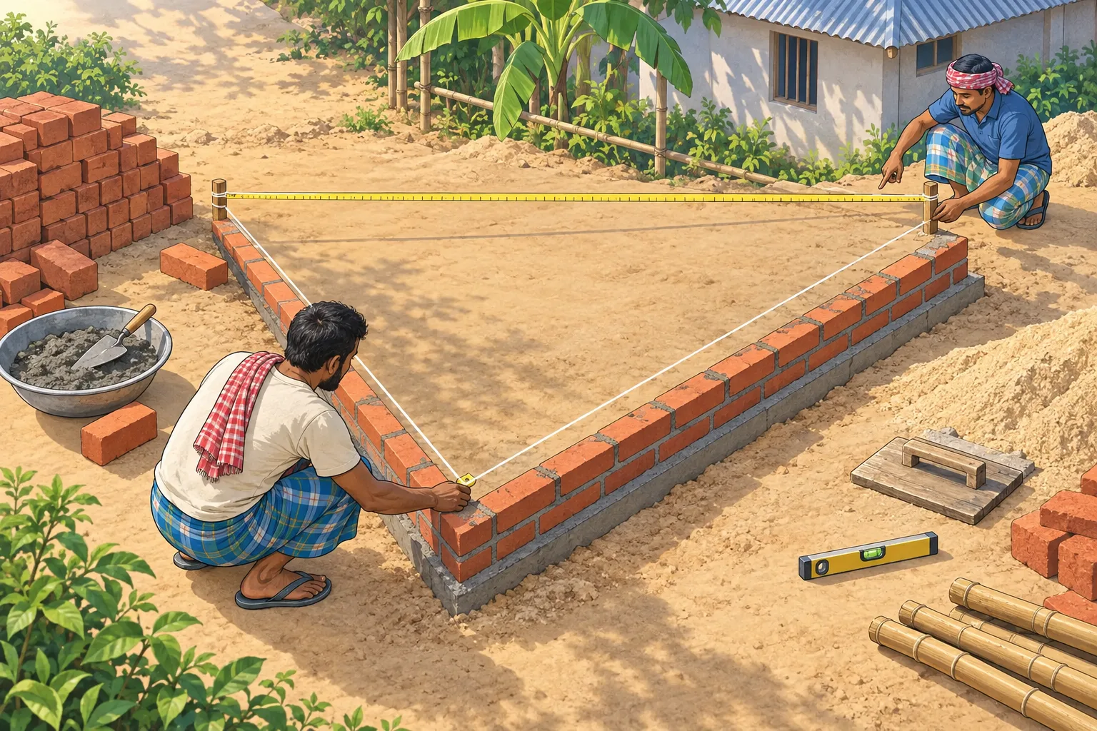 বাংলাদেশের একটি নির্মাণস্থলে দুজন রাজমিস্ত্রি সুতা আর মাপার ফিতা দিয়ে বাড়ির ভিতের কোণে ৩, ৪ ও ৫ মাপের একটি ত্রিভুজ বানিয়ে কোণটি সমকোণ কি না যাচাই করছেন